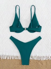 2 件套女士夏季纯色钢圈性感泳衣 - 墨綠色 - 查看 4