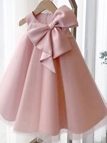 小女孩粉色大蝴蝶结装饰薄纱圣诞派对优雅连衣裙、公主裙、女孩生日派对礼物服装、花童婚纱、节日庆典 - 粉色 - 查看 3