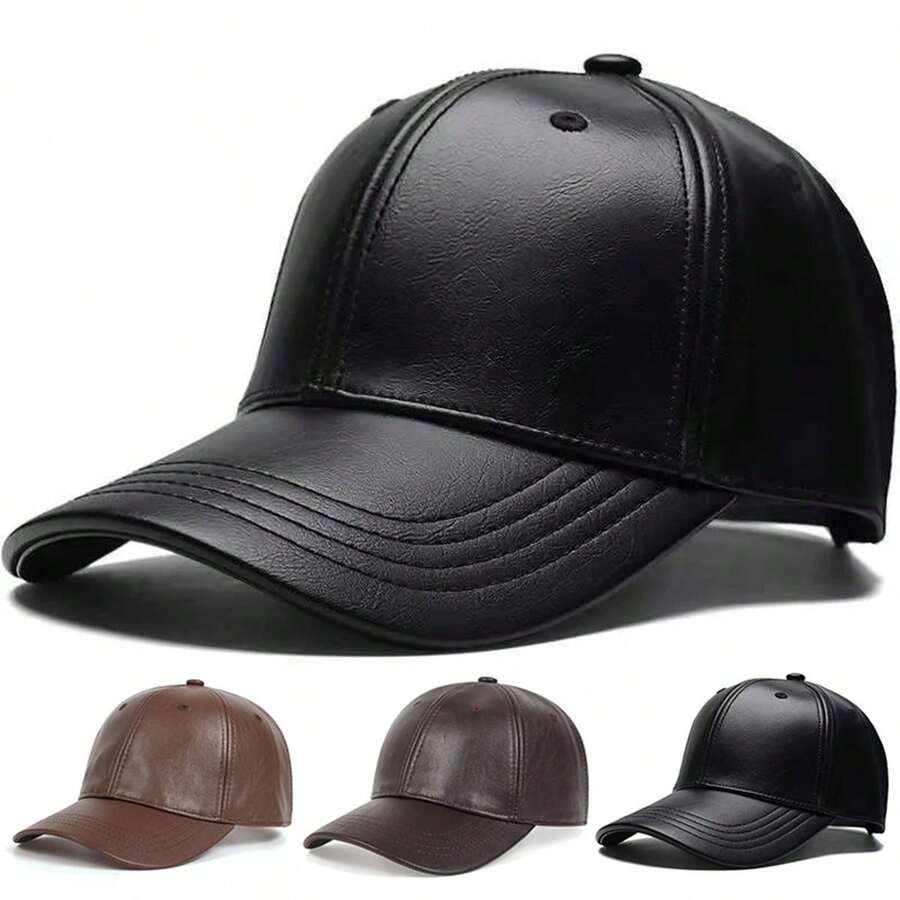 1pc Men's Solid Color PU Leather Baseball Cap, Adjustable Warm Casual Hat Suitable For Outdoor, Travel, Beach, Party In Autumn/Winter - Multicolor - View 1