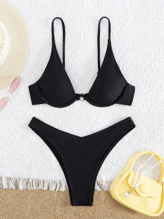 2pcs Women's Solid Color Steel Cup Sexy Bikini Set, For Summer Beach Vacation
