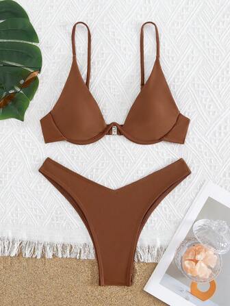 2 件套女士夏季纯色钢托性感比基尼泳装
