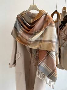 1 pieza Elegante bufanda/echarpe de mujer a cuadros multicolor con flecos de imitación de cachemira, Chal/pashmina de cachemira, Bufanda de cuello unisex estilo grueso y casual para el invierno, Chal envolvente para mujer, Suave y cómoda, Para uso diario y salidas, así como regalos navideños para miembros de la familia