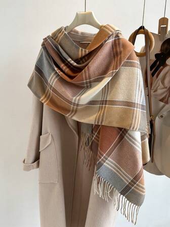 1pc Women Elegant Multi Color Plaid Stripe Tassel Faux Cashmere Scarf/Echarpe Hive/Bufanda, Cashmere Scarf/Pashmina Shawls Poncho, Winter Warm Casual Thick Style Neck Scarf, Women Wrap Hijab, Soft And Comfortable, For Daily Wear And Outing, As Well As Christmas Gifts For Family Members