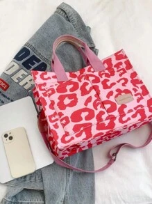 Spring And Summer New Ditsy Floral Polka Dot Printed Vacation Fashion Women's Handheld Tote Bag, Computer Briefcase, Commuter Bag, Cross-Body Bag, Simple Shopping Bag, Large-Capacity Multi-Pocket, Sweet Daily Tote Bag, Bookbag, Tote Bag For School, Perfect For The First Day For School - Pink - View 3