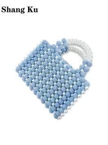 Handmade Beaded Mother Bag With Pearl And Myrica Rubra Design - Blue - View 6