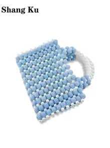 Handmade Beaded Mother Bag With Pearl And Myrica Rubra Design - Blue - View 5