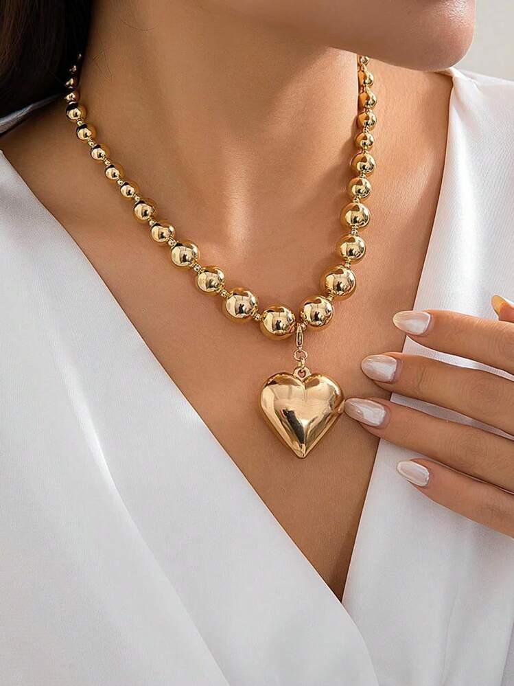 1 Pieza Collar de moda personalizado, Cadena de clavícula con cuentas grandes y redondas de estilo punk, Collar con colgante de corazón con cuentas geométricas, Cadena de clavícula esférica personalizada, Adecuado para el uso diario o eventos de mujeres, Regalo para San Valentín, mamá, madre, Día de la Madre - Dorado - Añade 2