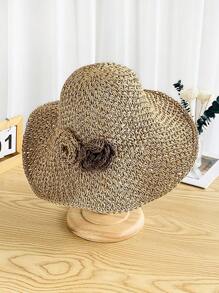 1pc Foldable Flower Decor Sun Hat, Large Brim Beach Hat For Women, Summer Vacation Sun Protection Fashion Hat