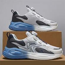 Zapatos deportivos de aire acondicionado personalizados de tejido transpirable con bloqueo de colores y hebilla mecánica para hombres, perfectos para correr, tenis y actividades al aire libre de moda casual - Gris - Ver 3
