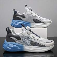 Zapatos deportivos de aire acondicionado personalizados de tejido transpirable con bloqueo de colores y hebilla mecánica para hombres, perfectos para correr, tenis y actividades al aire libre de moda casual - Gris - Ver 5