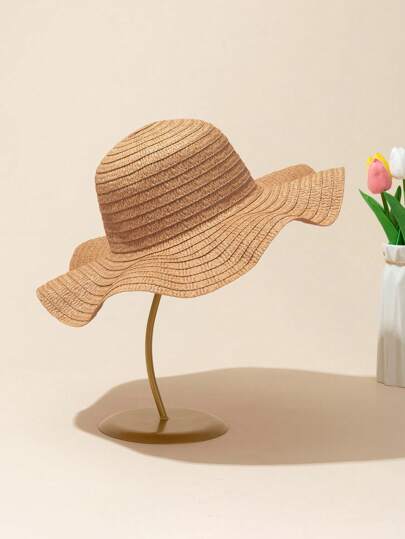 1pc zomer dames kaki golfgestreepte strandzonnehoed met strik, elegante UV-beschermingshoed voor strandvakantie