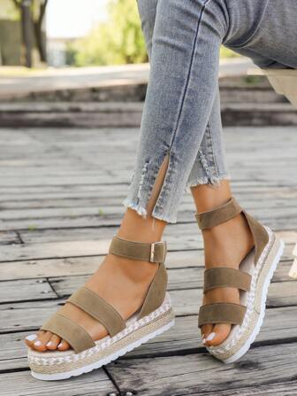 Modieuze zomersandalen voor dames, nieuwe eenvoudige koffiekleurige enkelbandgesp Open teen Lichtgewicht damessandalen met dikke bodem