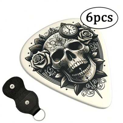 Guitar Picks (6 Packs+Holster Storage), PVC Double-Sided Printed Folk Picks, Ukulele Finger Shrapnel,Skull Guitar Picks With Holster Storage, Great Gifts For Music Lovers/Instrument Beginners.,Guitar Hard Case,Ukelele Bag,Guitar Strap,Guitar,Guitar Picks,Guitar Strap