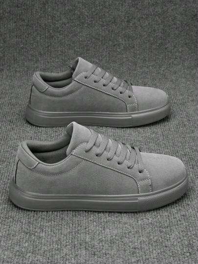 Men's Grey Stylish Business Casual Low-Top Skateboard Shoes, Round Toe Minimalist Classic Dress Sneakers