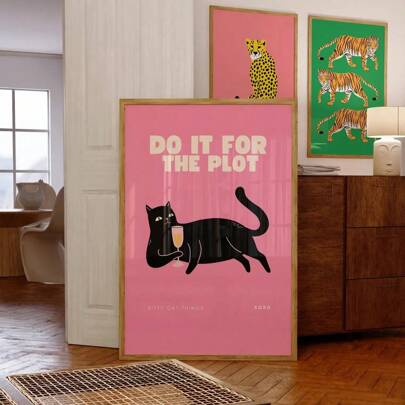 1 pezzo, Stampa murale con gatto nero e scritta "Do It For The Plot", cartellone divertente per amanti dei gatti, cartellone per bar e carrello del bar, Idea regalo per amanti dei gatti, Stampa senza cornice, su tela