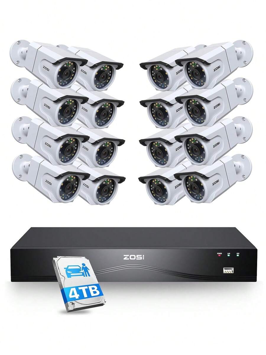 ZOSI 24CH 4K PoE Security Camera System With 4TB HDD,16pcs 8MP Outdoor Audio IP Cameras,Night Vision,Person Vehicle Detection,Smart Light Siren,Dual Disk Backup,4K 16 Port 24CH NVR - White - View 1
