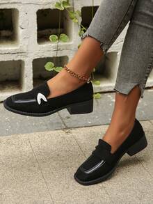 Zapatos negros cómodos para mujer con tacón grueso y punta cuadrada para la primavera y el otoño, de moda y fáciles de combinar con cualquier ropa - Negro - Ver 2