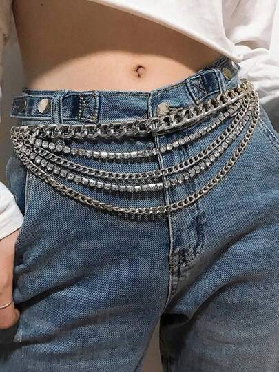 1 Peça Corrente de Cintura de Quatro Pedras Brilhantes Prateada Sexy Feminina, Adequada para Combinar Diariamente com Denim ou Vestidos, Halloween, Verão, Escola