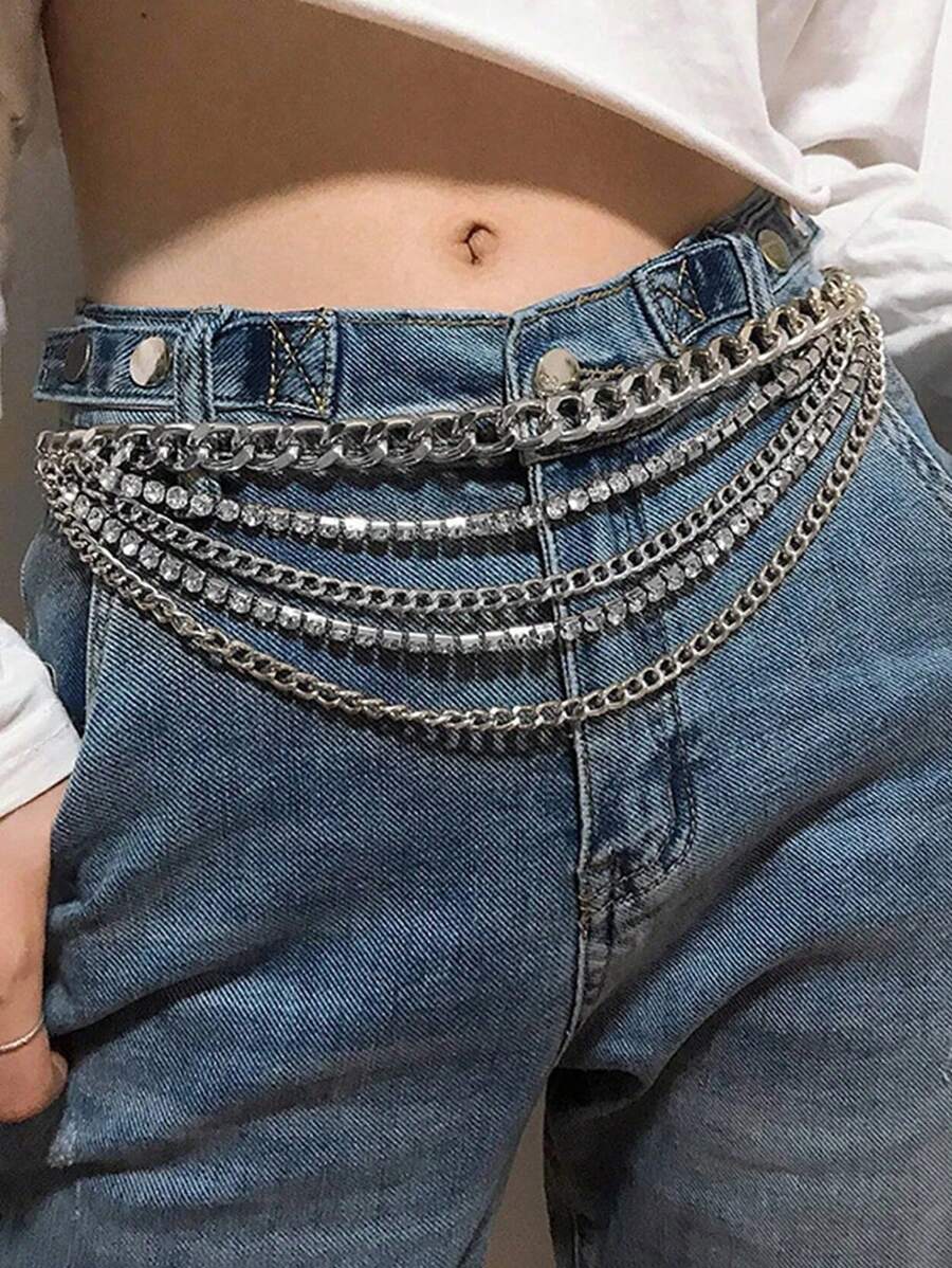 1 Dây chuyền thắt lưng đính đá Rhinestone bốn hạt bạc quyến rũ dành cho nữ, thích hợp để kết hợp hàng ngày với quần jean hoặc váy Halloween mùa hè, trường học mùa thu, mùa thu, Halloween