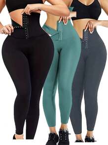 3 bucăți colorați cu cataramă talie pantaloni yoga sport pentru femei, colanți pentru alergare fitness, culoare uni, ridicare de fund, talie înaltă, jambiere slim fit