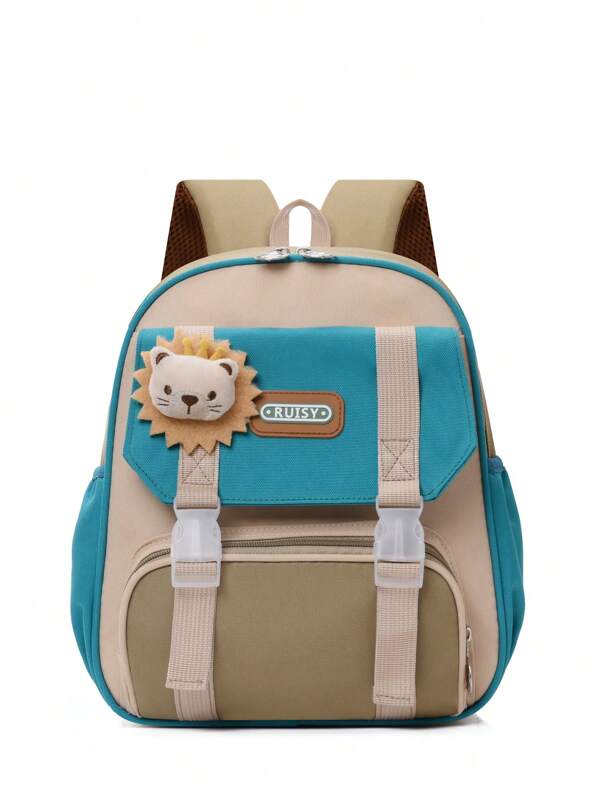 Mochila de Material de Tecido com Blocos de Cores de Desenho Animado e Múltiplos Bolsos para Estudantes do Ensino Fundamental, Unissex.