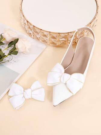 1 Pair Fashionable & Elegant Detachable Bowknot & Golden Trim Shoe Clips, Suitable For Sneakers, Leather Shoes, Clothing & Footwear