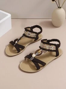 Sandálias Femininas de Tira Cruzada Plana, Sapatos de Verão Estilo Bohemian de Banda Elástica Aberta no Dedo do Pé, Sandálias de Praia com Slip-On para Férias e Lazer