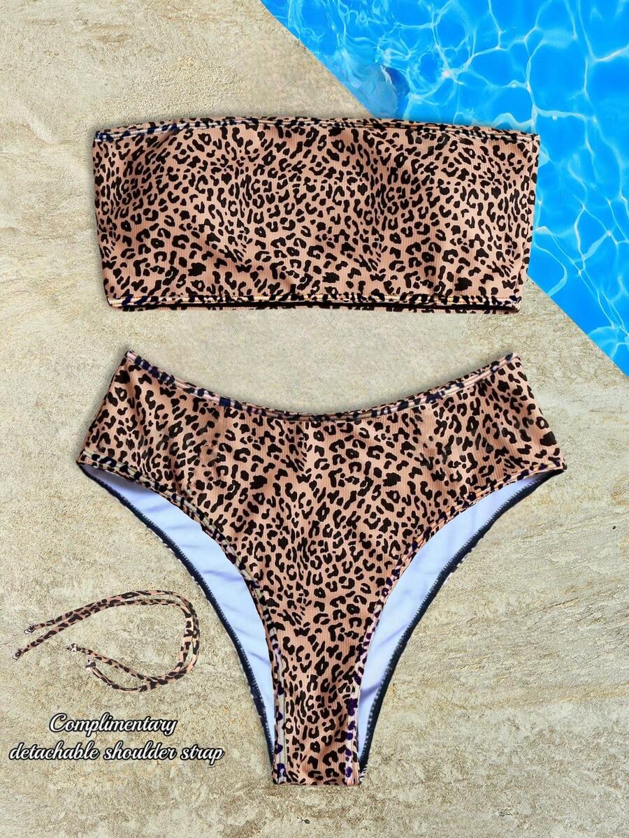 2pcs Polyester Leopard Print Bandeau Top And High Waist Bikini Bottom Bikini Set, Summer - Multicolor - View 1