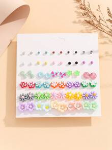 30對/組可愛且時尚的鄉村風假日款式玻璃亞克力多彩花朵女士耳環套裝，適合親友日常假日、宴會時佩戴 - 彩色 - 查看 3
