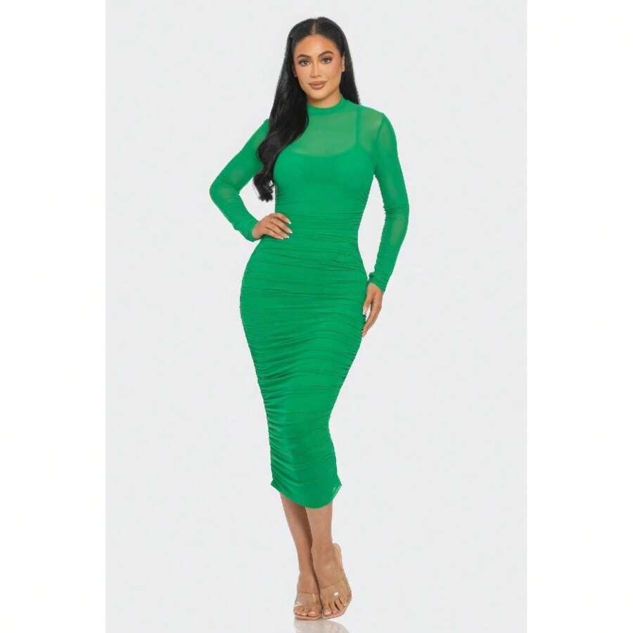 Solid Mesh Ruched Midi Dress - Multicolore - Voir 1