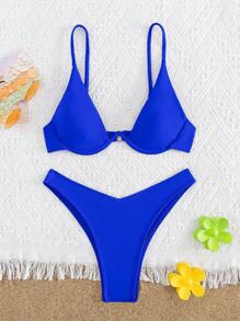 Swimsuit women's two-piece split solid Colour underwire sexy swimsuit - Blue - View 1