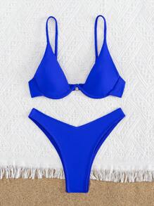 Swimsuit women's two-piece split solid Colour underwire sexy swimsuit - Blue - View 5