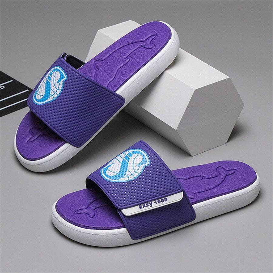 男士戶外防滑防臭無臭魔術貼運動涼鞋，大尺寸，夏季家居海灘拖鞋 - 紫色 - 查看 1