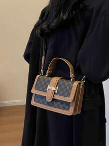 1入組多色格紋PU手提包，帶扣閉合，時尚多用途，適合女性日常旅行使用 - 棕色 - 查看 7