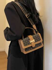 1入組多色格紋PU手提包，帶扣閉合，時尚多用途，適合女性日常旅行使用 - 棕色 - 查看 6