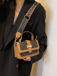 1入組多色格紋PU手提包，帶扣閉合，時尚多用途，適合女性日常旅行使用 - 棕色 - 查看 4