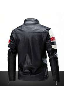 Boyfriend Style Men's Turn-Down Collar Motorcycle Jacket Casual Top Black & Red Racing Suit - Black - View 2