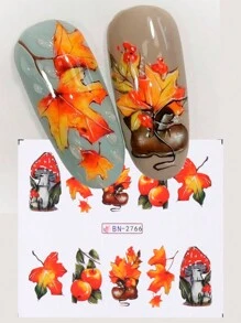 24入組秋天楓葉美甲貼紙，蘑菇南瓜美甲貼花，適用於DIY美甲水轉印貼紙，適用於女性和女孩美甲 - 彩色 - 查看 4