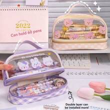 1入組卡通大容量鉛筆盒，學季開學必備，學生便攜式鉛筆盒收納袋，可愛的化妝包，文具盒 - 彩色 - 查看 4