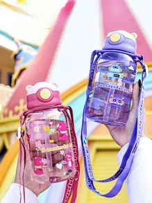 1 件可爱卡通塑料水杯带吸管，便携式带草饮水杯，适合夏季户外或学校使用，水瓶 - 多色 - 查看 13