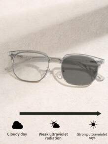 1副金属TR眉框方形铆钉式室内电脑阅读变色眼镜，时尚休闲男士无度数眼镜 - 透明變灰 - 查看 14