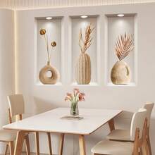 1set/3pcs 3D Effect Art Wall Stickers For Background Decoration - Triptych Style For Foyer And Living Room Decor - Multicolor - View 4