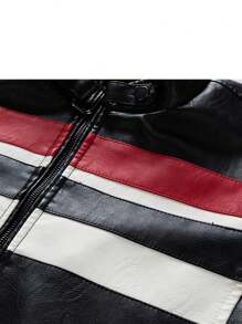 Boyfriend Style Men's Turn-Down Collar Motorcycle Jacket Casual Top Black & Red Racing Suit - Black - View 5