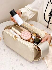Beige Waterproof PU Leather Multifunctional Makeup Bag Double-Layer Large Capacity Portable Travel Cosmetic Bag Toiletries Storage Bag With Handle For Woman Dividers PU Makeup Bag Brush Storage Bag Men Business Wash Bag Makeup Bags Makeup Organizer Make Up Organizer Makeup Storage Back To School Supplies Make Up Bag - Beige - View 4