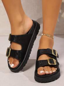 Women's Fashion Black Floral Pattern Shoes, Thick Soft Bottom Flat Sandals, Comfortable Breathable Simple Versatile Double Buckle Strap, British Style School Shoes, Retro Shoes, Vacation Shoes (Recommend Ordering One Size Up, E.G. If You Normally Wear Size 37 In Sneakers, Order Size 38 For This Item; If You Have Wide Feet, Recommend Ordering One Size Up) - Black - View 5