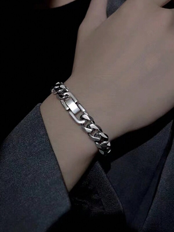 1pc Stainless Steel Men's Ins Thick Bracelet Jewelry Polished Punk Hand Accessory With Clasp