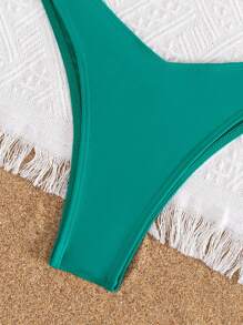 2 piezas Conjunto de Bikini Sexy con Aros para Mujer, de unicolor, para Vacaciones de Verano en la Playa - Verde - Ver 3