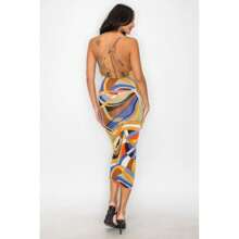 Crossed Back Marble Print Multicolor Midi Dress - 彩色 - 查看 6