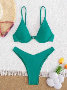 2 piezas Conjunto de Bikini Sexy con Aros para Mujer, de unicolor, para Vacaciones de Verano en la Playa - Verde - Ver 1