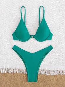 2 piezas Conjunto de Bikini Sexy con Aros para Mujer, de unicolor, para Vacaciones de Verano en la Playa - Verde - Ver 5